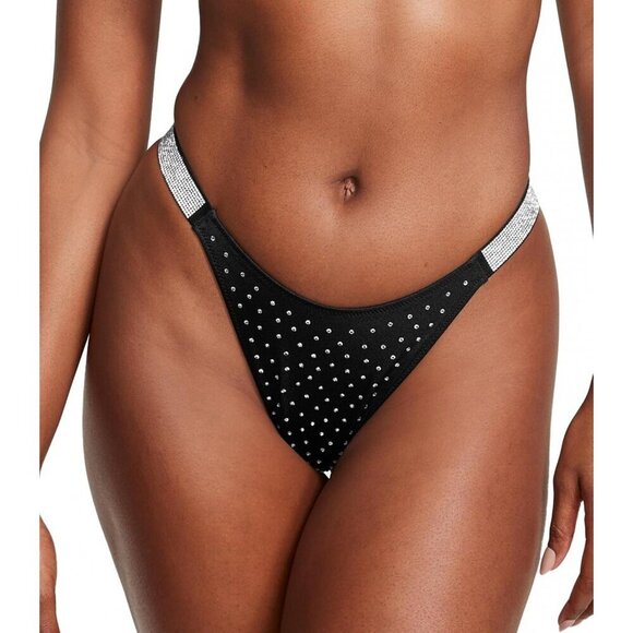 New! Victoria's Secret Swim Black Shine Strap Thong Bikini Bottom 4477 - Picture 2 of 10